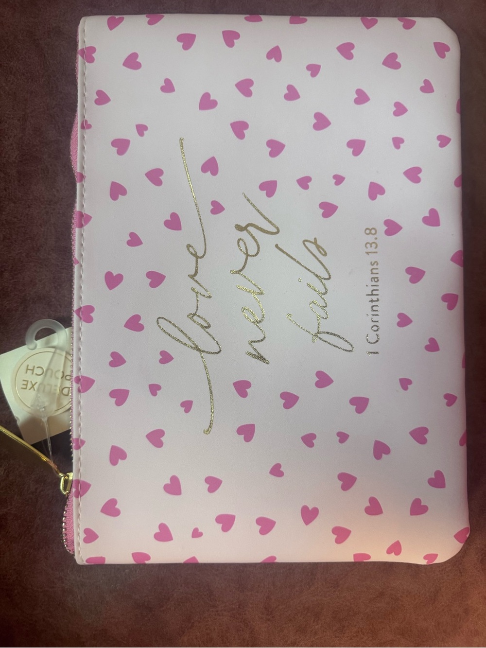 Eccolo Pink Heart Print Cosmetic Pouch with Gold Script